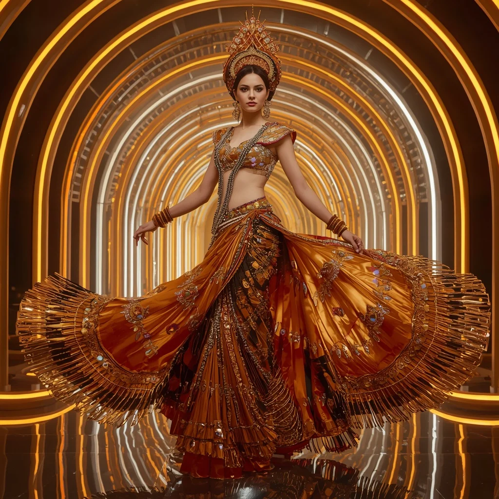 Solar Phoenix Royale Saree with Infinity Arc Neon Citadel | Ai Girl Image Prompt