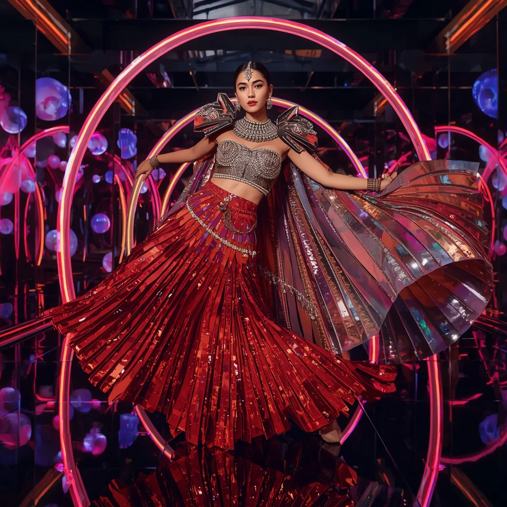 Solar Prism Maharani Saree with Floating Neon Infinity Arcs | Desi Girl Ai Prompt