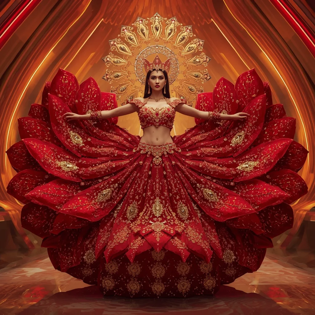 Solar Ruby Lotus Crown Saree with Golden Infinity Bloom Palace | Prompt Seen Girl Photo Editing Trending Instagram