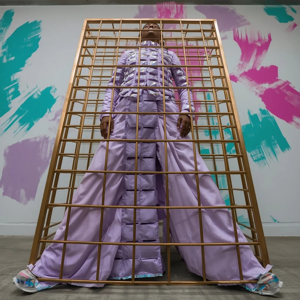 Solid Bismuth Crystal Block Armor & Brushed Bronze Grid Pastel Lavender Saree | High-Angle Power Stance Pose | Saree Ai Prompt