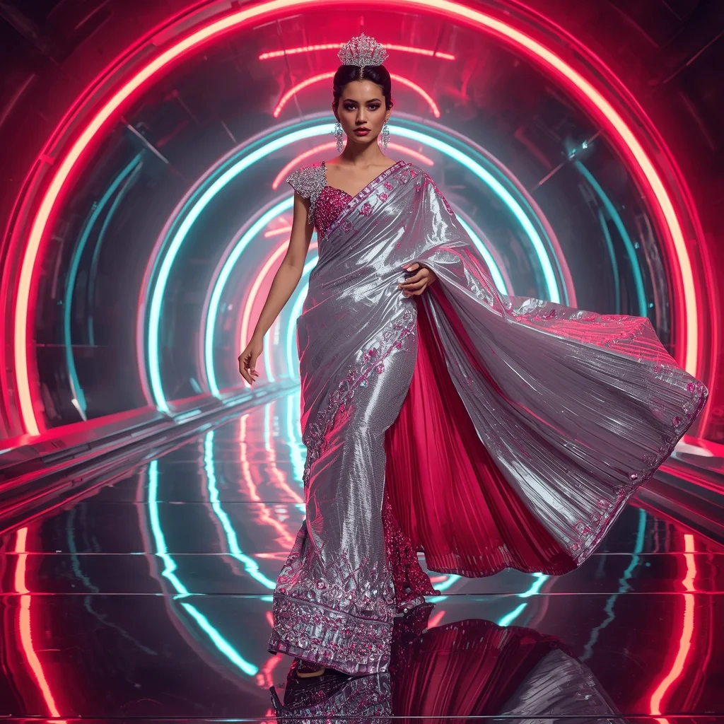 Stellar Mirage Empress Saree with Floating Neon Infinity Palace | Midjourney Prompt List