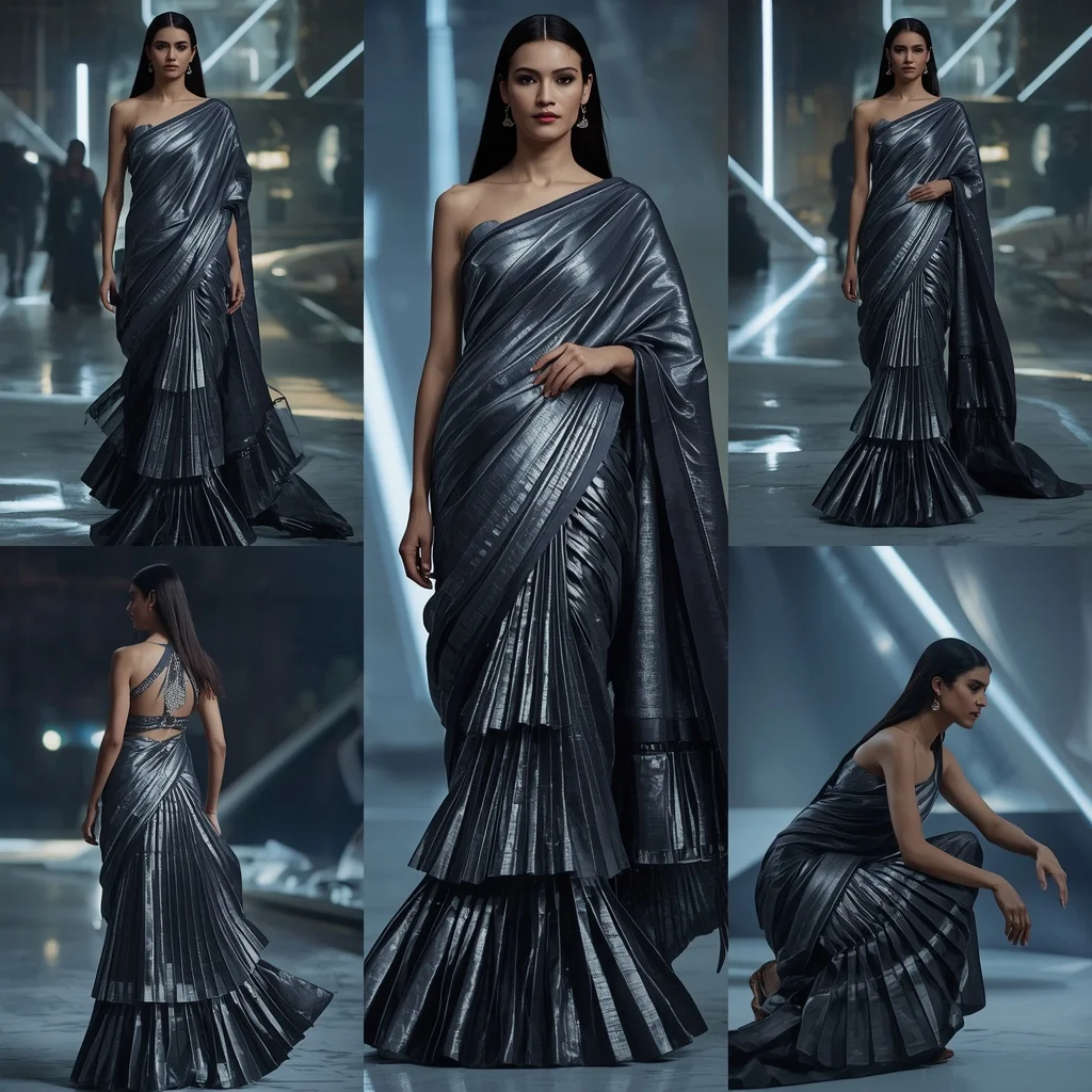 Storm Metal Saree with Floating Wave Structures | Anime Ai Prompt