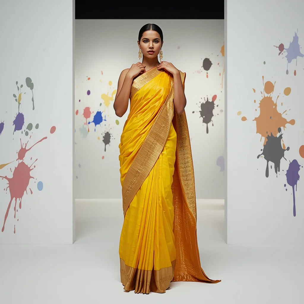 Sunburst Yellow Kanjeevaram Fusion Saree with 3D Origami Net and Heavy Borders | Ai Video Generator Prompt
