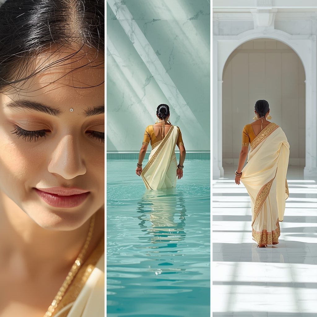 Sunlight Indoor White Marble Pool Water Reflection Sequential Portrait design | Saree Prompt Generator
