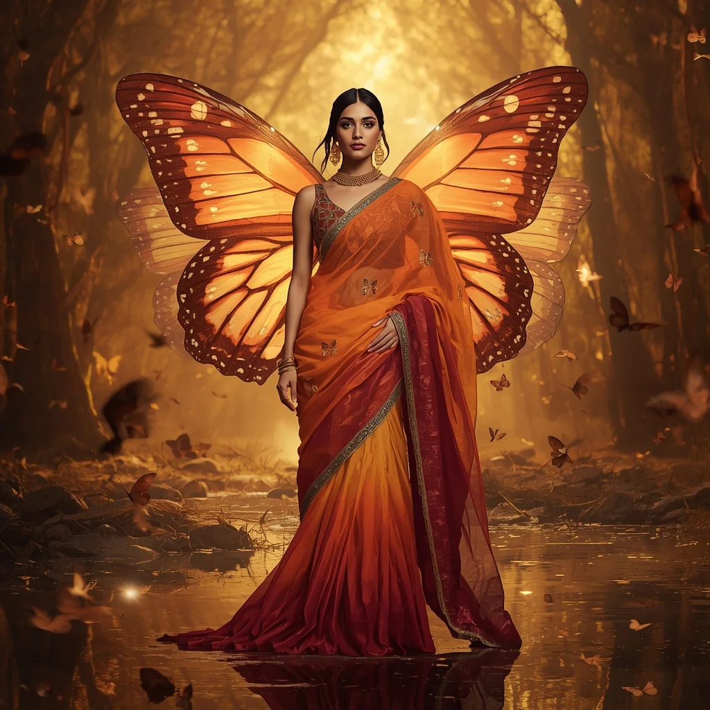 Sunset Butterfly Flame Saree Motion Frames with Golden Fantasy Forest Background | Korean Ai Prompt