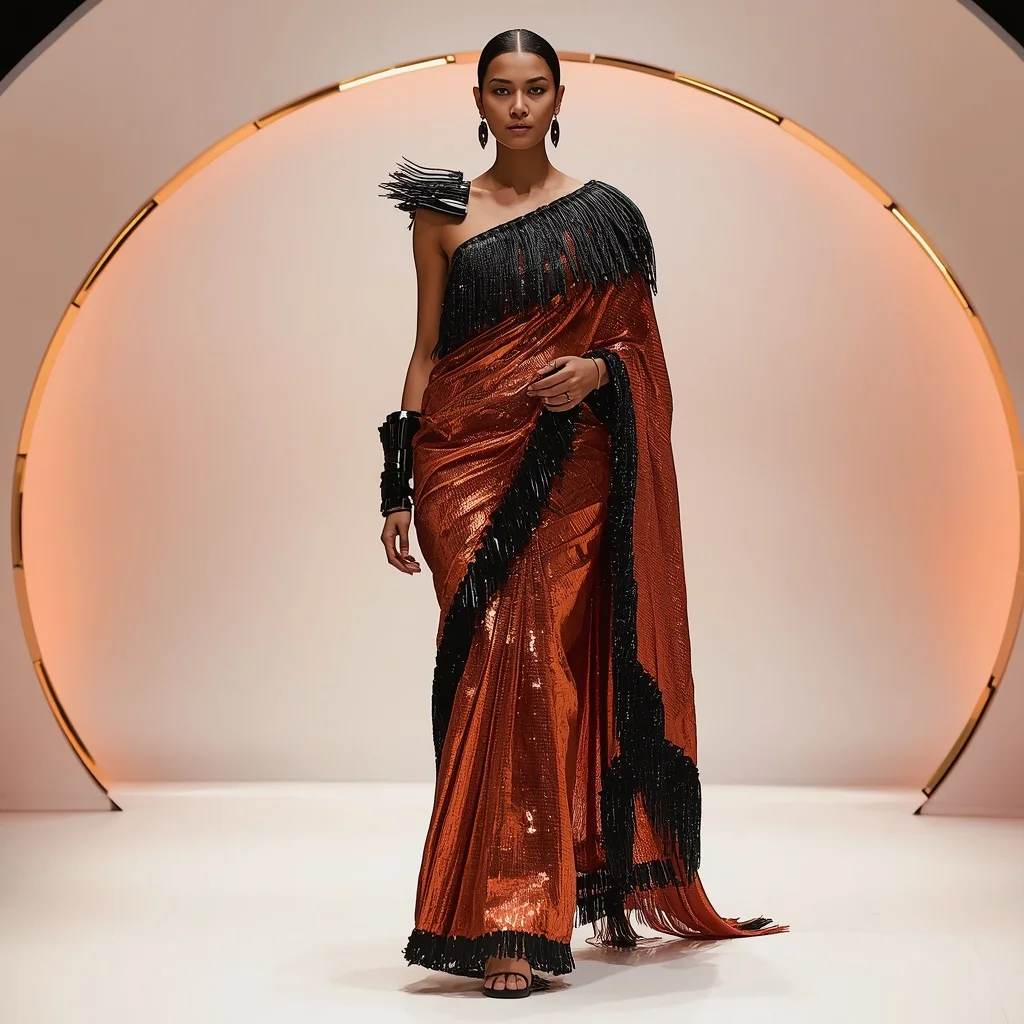 Sunset Copper and Obsidian Fringe Saree in LED Dome | Prompt Generator