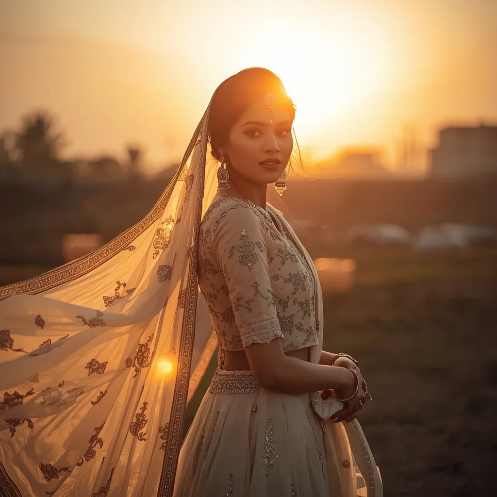 Sunset Golden Hour Ethnic Girl with Flowing Dupatta – Viral Reels Look | Ai image Prompt