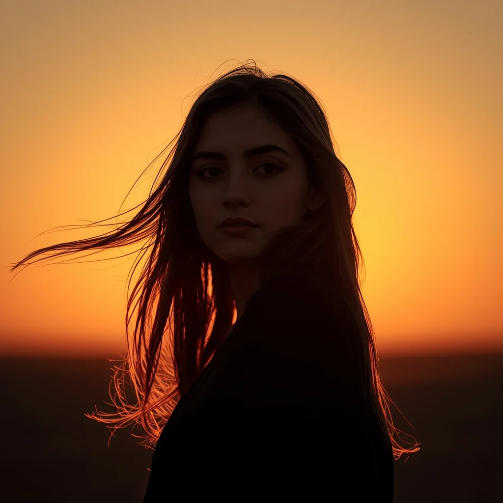 Sunset Silhouette Portrait Girl with Hair Flow – Cinematic Viral Look | Cinematic Ai Prompts