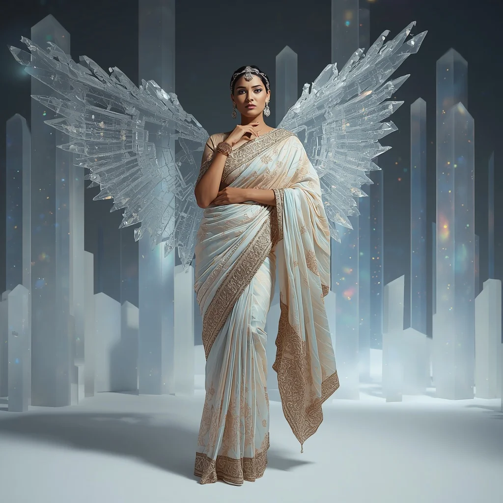 Supreme Infinity Crystal Saree – Ultimate Experimental Festival Saree with Impossible Editorial Pose and Infinite Crystal Universe Background | Instagram Carousel Ai Prompt