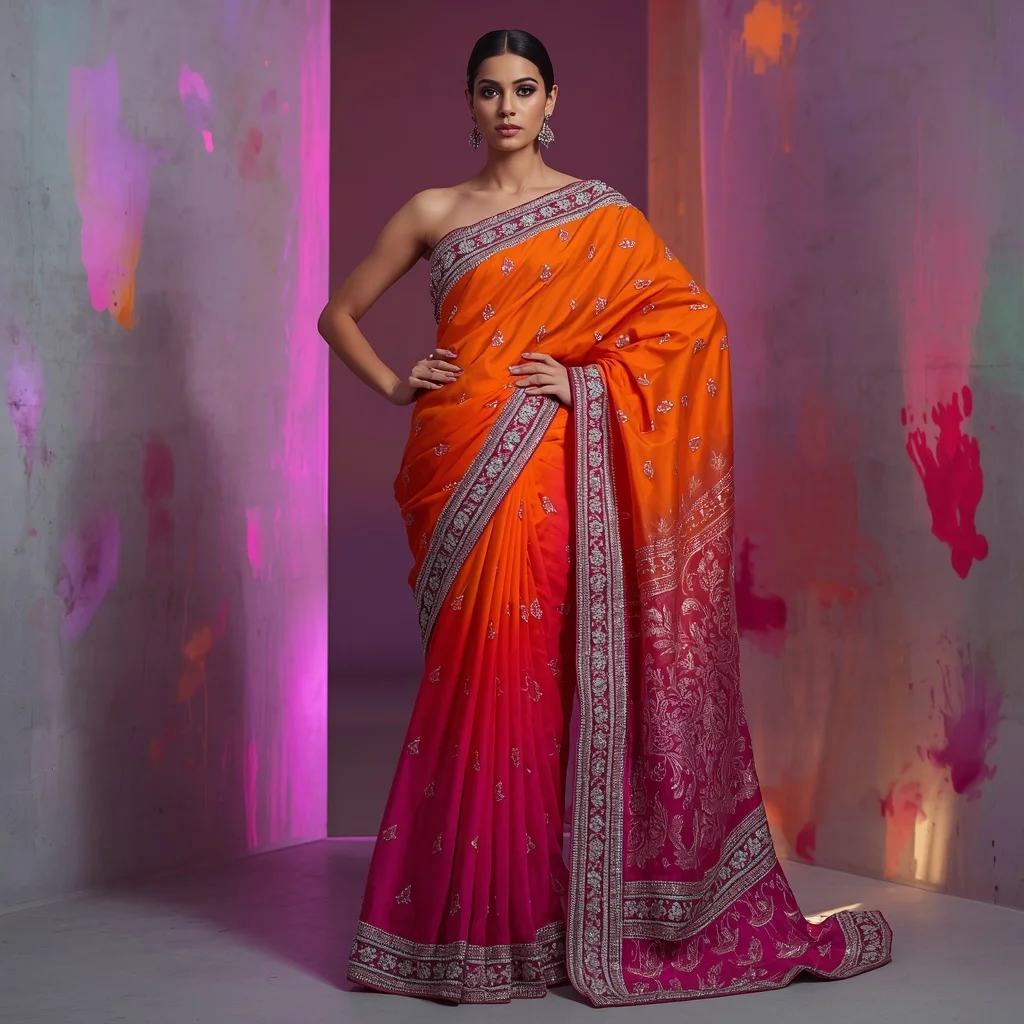 Tangerine and Fuchsia Ombre Saree with Heavy Bullion Embroidery | Gemini Ai Prompt