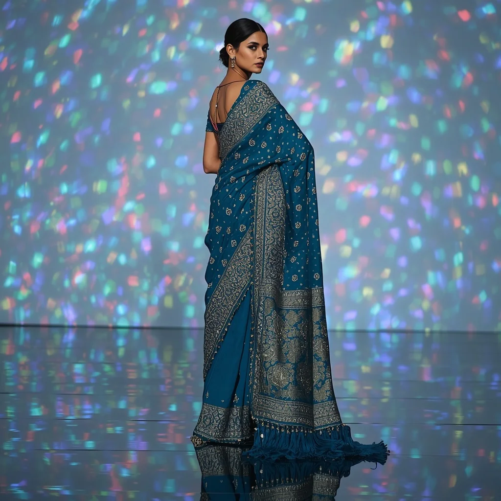 Teal Blue Mega Mirror-Work Festive Saree on Abstract Infinity Floor | Prompt Gemini