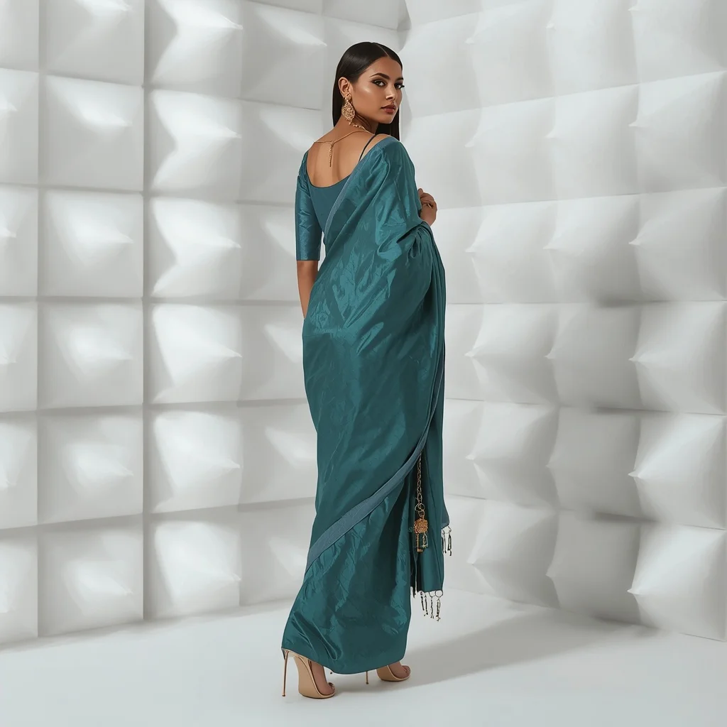 Teal Crushed Silk Saree – Over-Shoulder Stare with White Acoustic Pyramids | New Instagram Trend Prompt For Girl And Boy