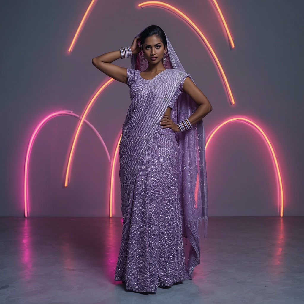 Thick 3D Metallic Coil & Heavy Swarovski Pastel Lavender Saree | Aggressive Shoulder Shrug | Ai Girl Image Prompt