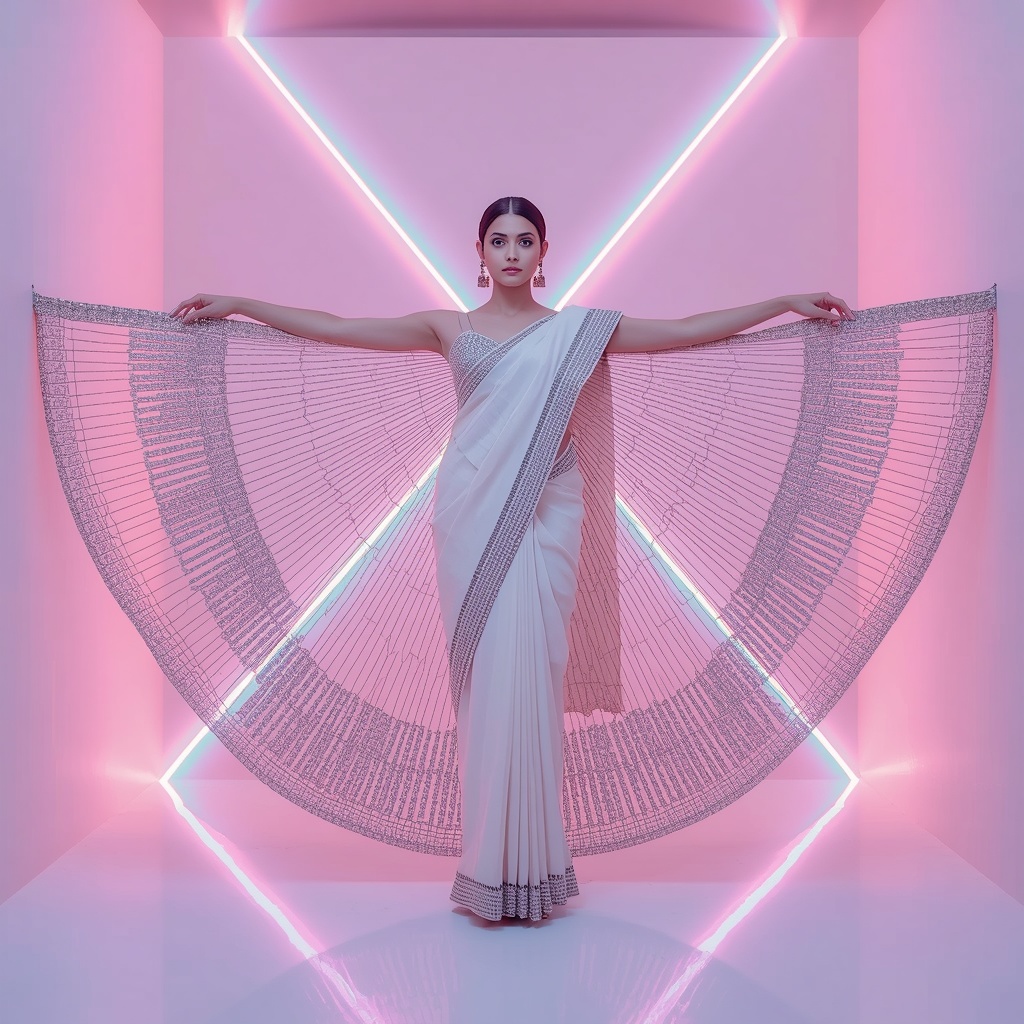 Thick Diamond Encrusted Wire-Frame Pastel Ivory Saree | Symmetrical Goddess Pose | Ai Selfie Prompt