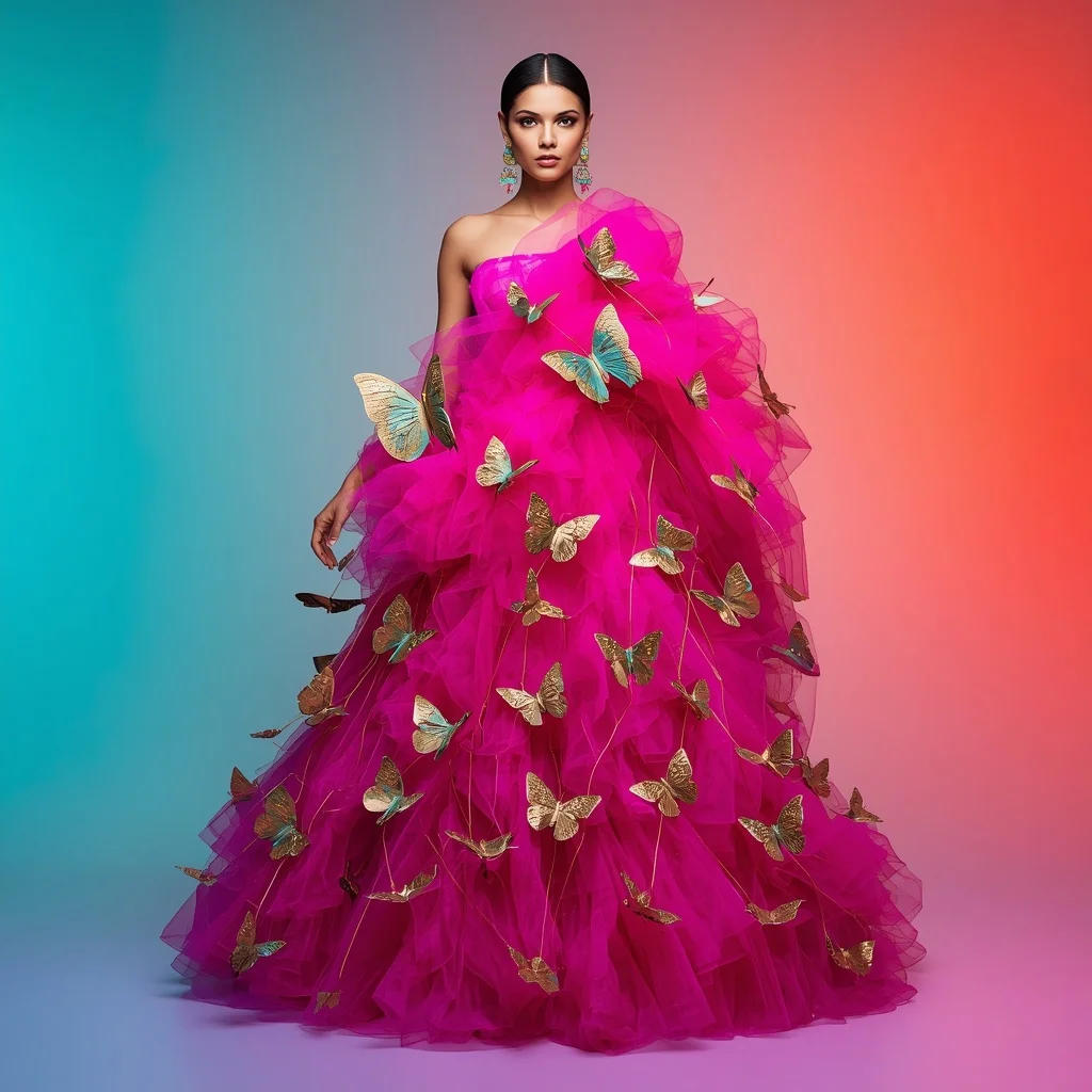 Thick Neon Magenta Tulle Saree with Massive 3D Gilded Aquamarine Butterflies | Instagram Photography Ai Prompt