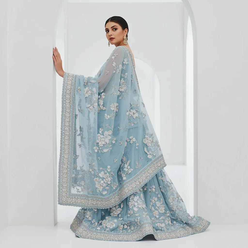 Thick Velvet Applique & Diamond Baby Blue Saree | Leaning on Arch Pose | South Indian Prompt For Gemini Girl Instagram