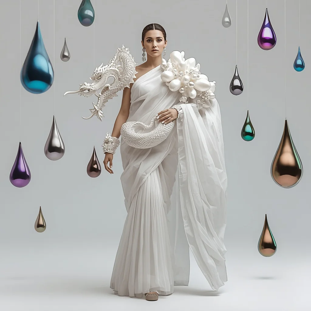 Thick White Organza & Massive Porcelain Dragon Armor Saree | The Aggressive Shoulder-Charge March | Frozen Metallic Paint Drops | Best AI Art