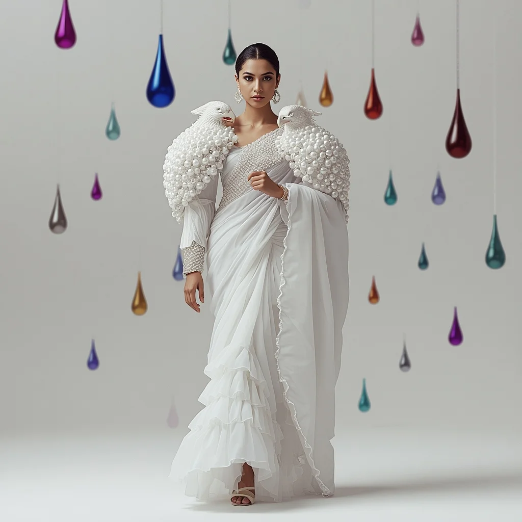 Thick White Organza & Massive Porcelain Eagle Armor Saree | The Aggressive Shoulder-Charge March | Frozen Metallic Paint Drops
