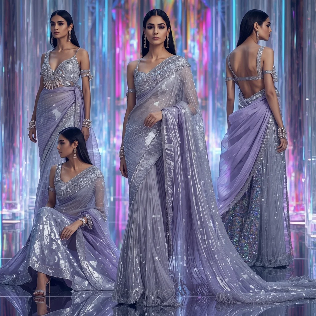 Titanium Aurora Royale Saree with Infinity Neon Crystal Empire | South Indian Prompt For Girl ChatGPT