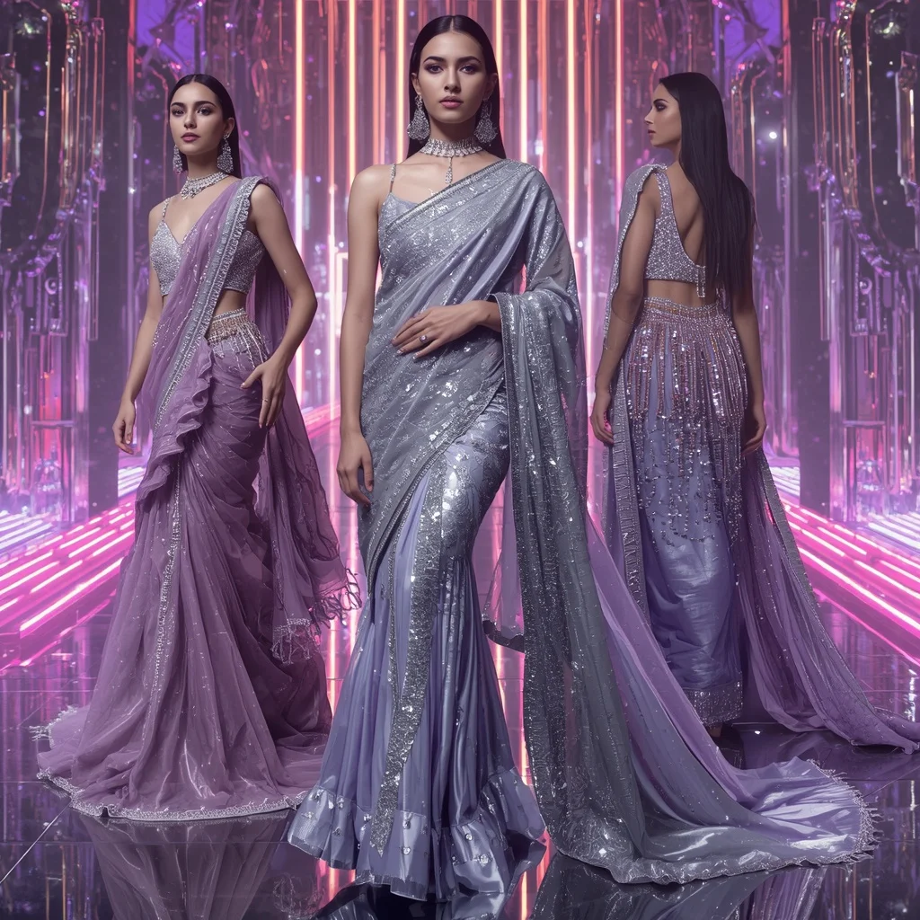 Titanium Aurora Royale Saree with Infinity Neon Crystal Fortress | Youtube Thumbnail Ai Prompt