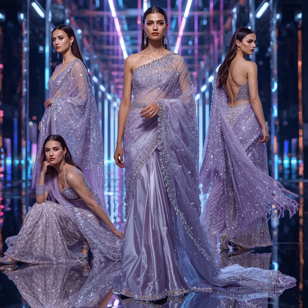Titanium Aurora Royale Saree with Infinity Neon Orbit Galaxy Palace | Fantasy Ai Prompt