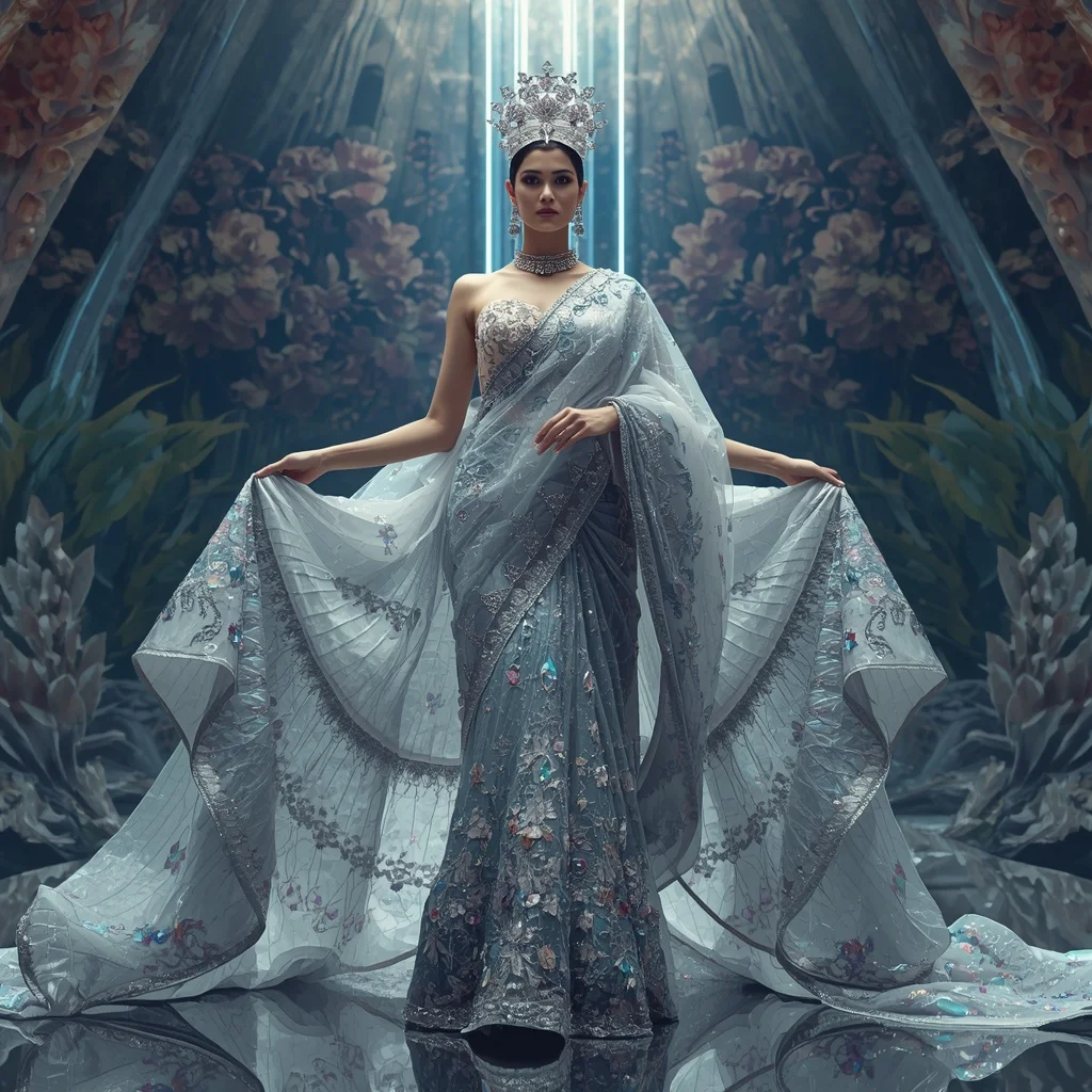 Titanium Celestial Aurora Saree with Infinite Crystal Crown Megacathedral | New Instagram Trend Prompt For Girl And Boy Aesthetic