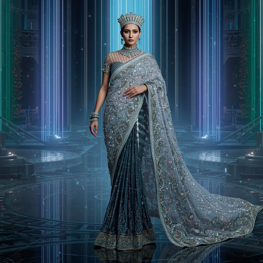 Titanium Celestial Empress Saree with Cosmic Crown Gateways and Aurora Infinity Dimensions | Female Model Ai Prompt