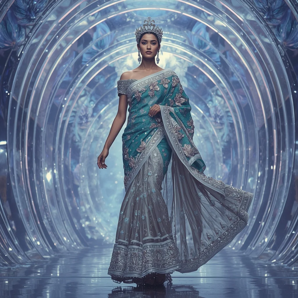 Titanium Celestial Lotus Saree with Infinite Crystal Crown Megacathedral | Viral Ai Image Prompt