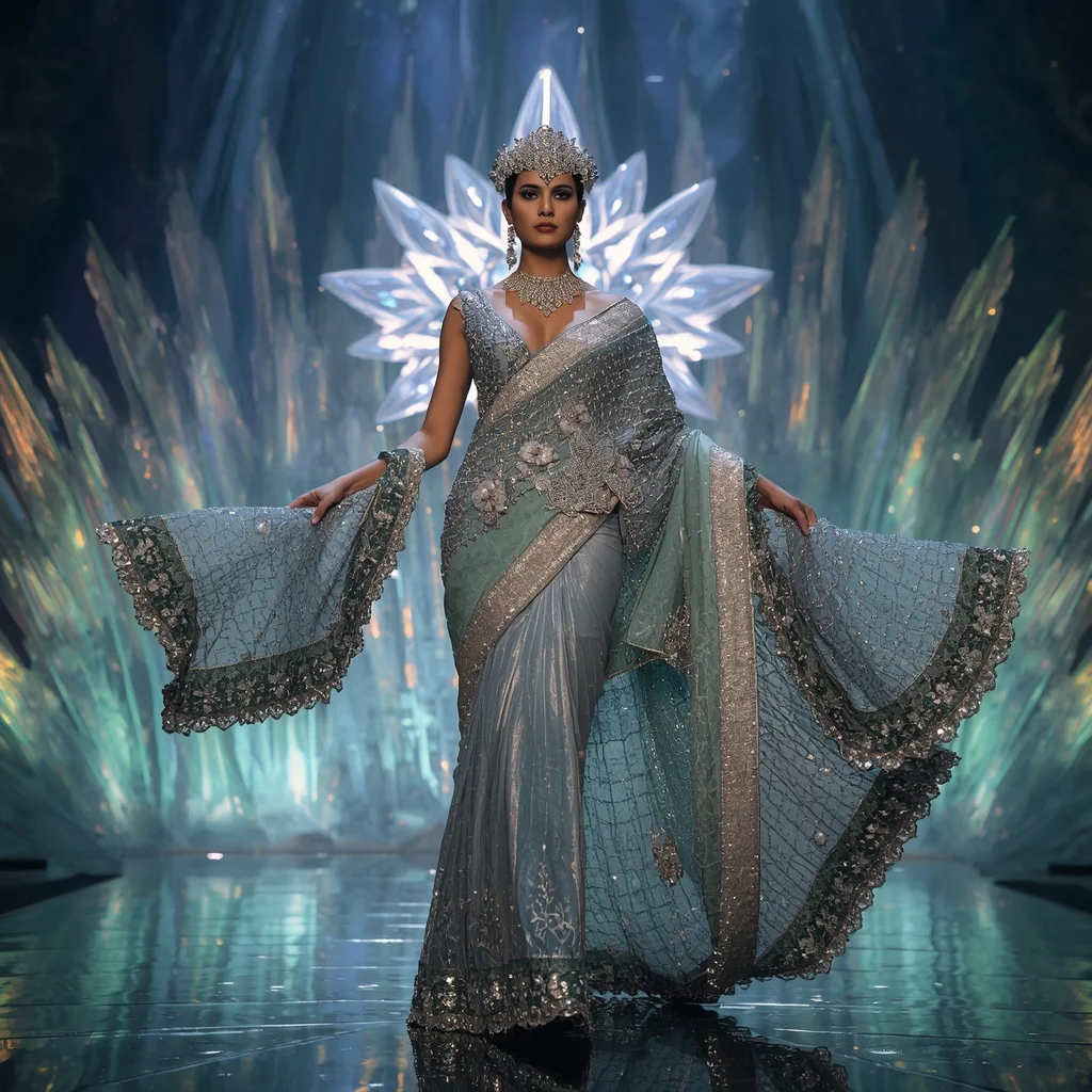 Titanium Lotus Galaxy Saree with Infinite Crystal Crown Megacathedral | Youtube Thumbnail Ai Prompt
