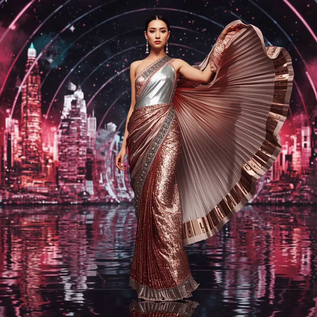 Titanium Rose Infinity Saree with Arc Dome Skyline Universes | Cute Ai Prompt