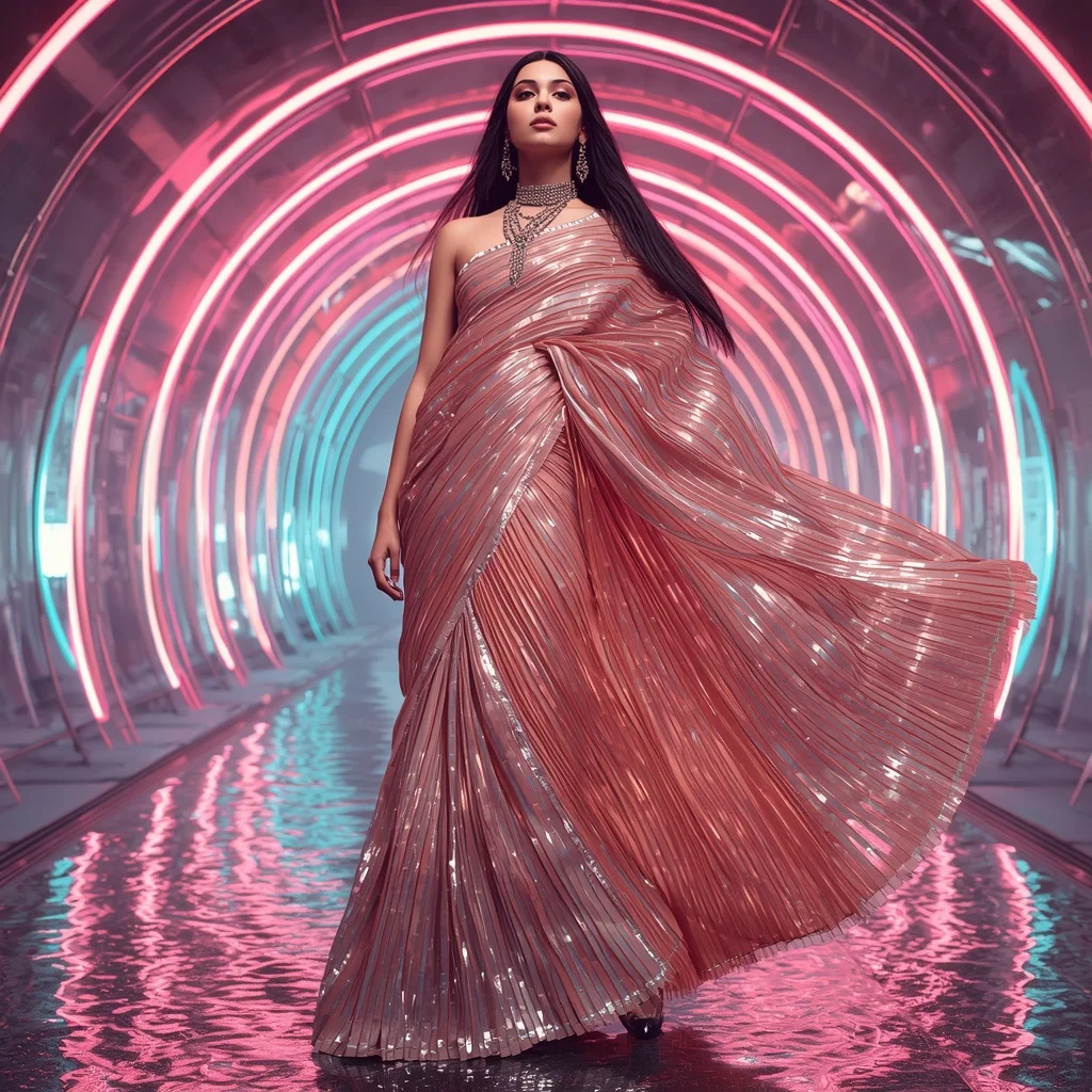 Titanium Rose Mirage Saree with Arc Dome Neon Architecture | Ai Prompt Generator Free