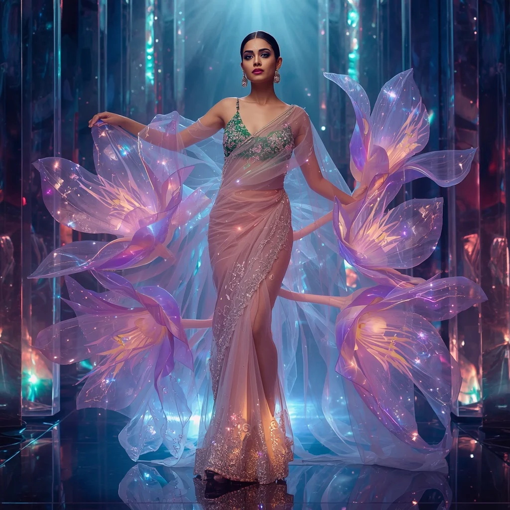 Transparent Aurora Crystal Iris Saree with Cosmic Prism Kingdom | Prompt Seen Trending Girl