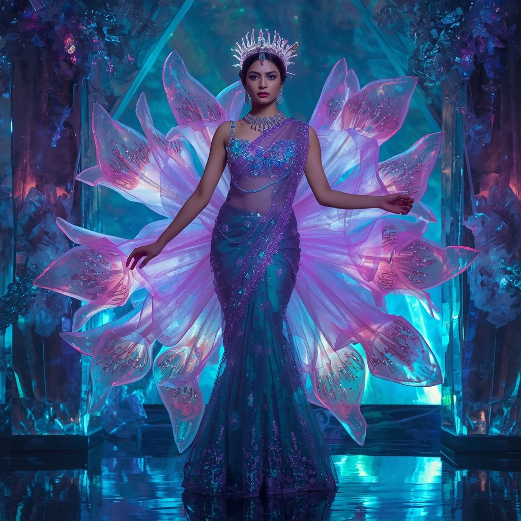 Transparent Aurora Lily Crown Saree with Cosmic Crystal Fortress | Best Prompt Ai For Girl
