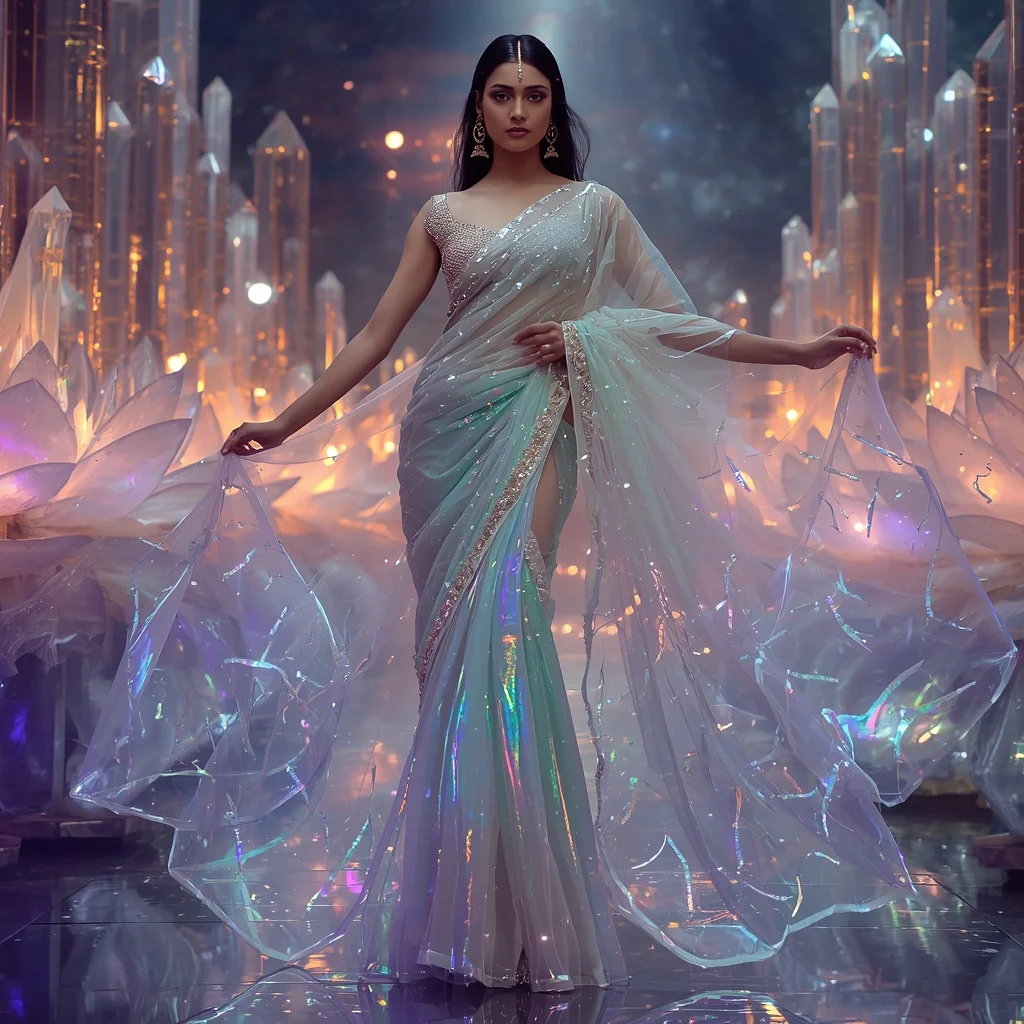 Transparent Aurora Lotus Cathedral Saree with Cosmic Crystal Empire | Gemini Ai Photo Prompt Copy Paste