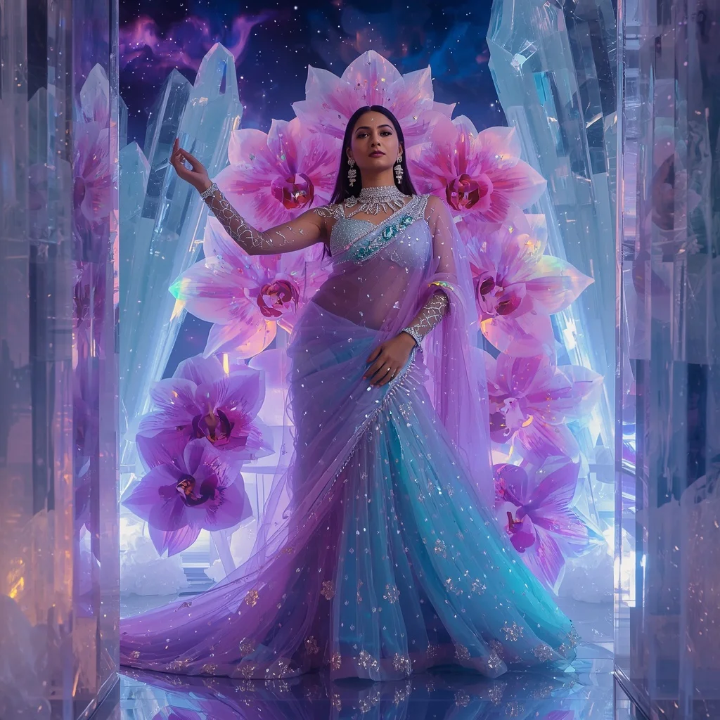 Transparent Aurora Orchid Throne Saree with Cosmic Crystal Empire | Woman Pose Ai Prompt