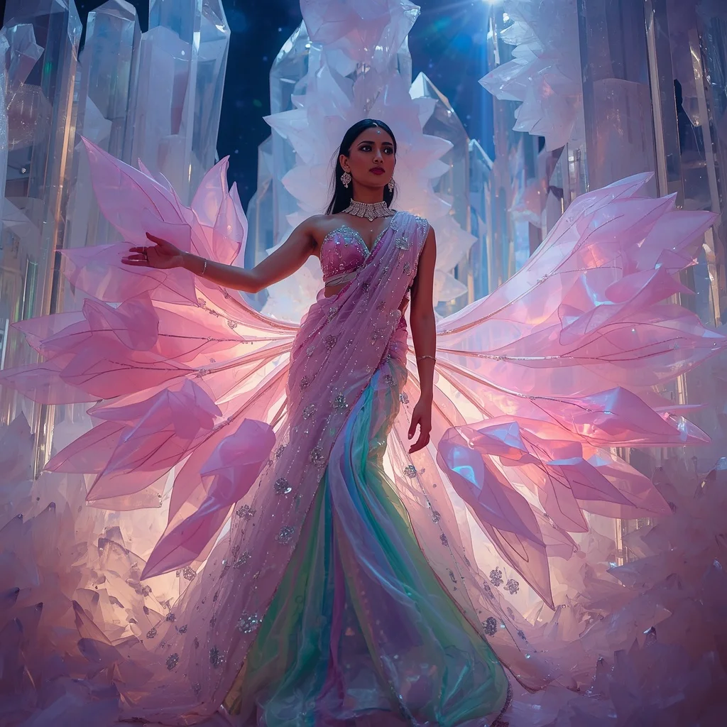 Transparent Aurora Sakura Cathedral Saree with Cosmic Crystal Kingdom | Prompt Seen Trending Girl 2026 Butterfly
