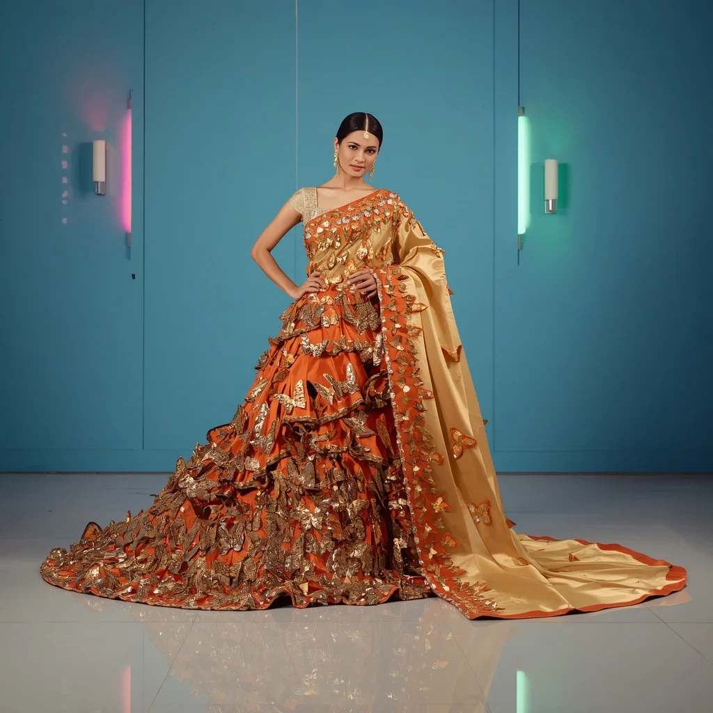 Trending 3D Metallic Butterfly Festival Saree for Viral Posts | Saree Selfie Ai Prompt