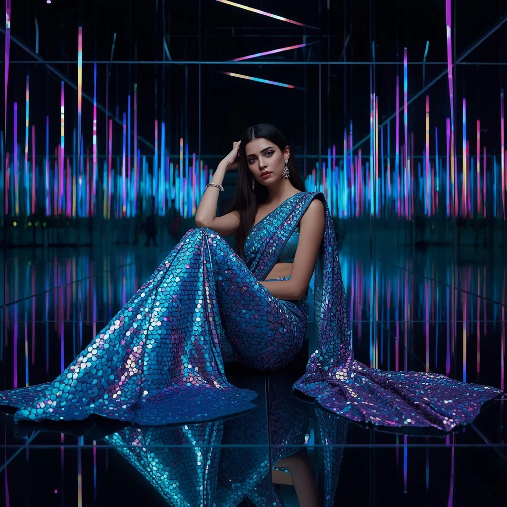 Turquoise Scale-Sequin Premium Saree on Infinity Mirror Floor | Prompt For Traditional Look For Girl ChatGPT
