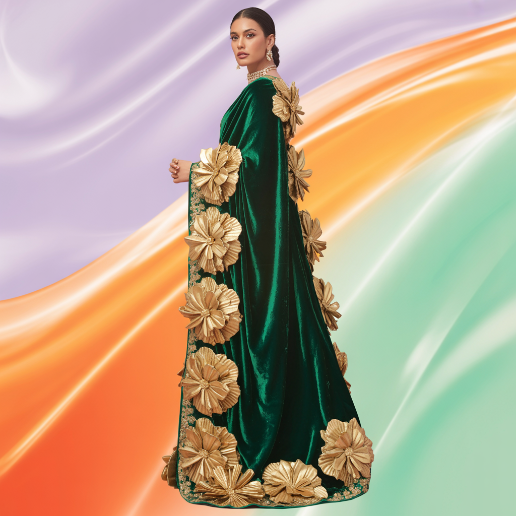 Ultimate Festival Fancy Saree Look: Emerald Green Velvet with Heavy Gold 3D Florals | Ai Prompt Generator Free