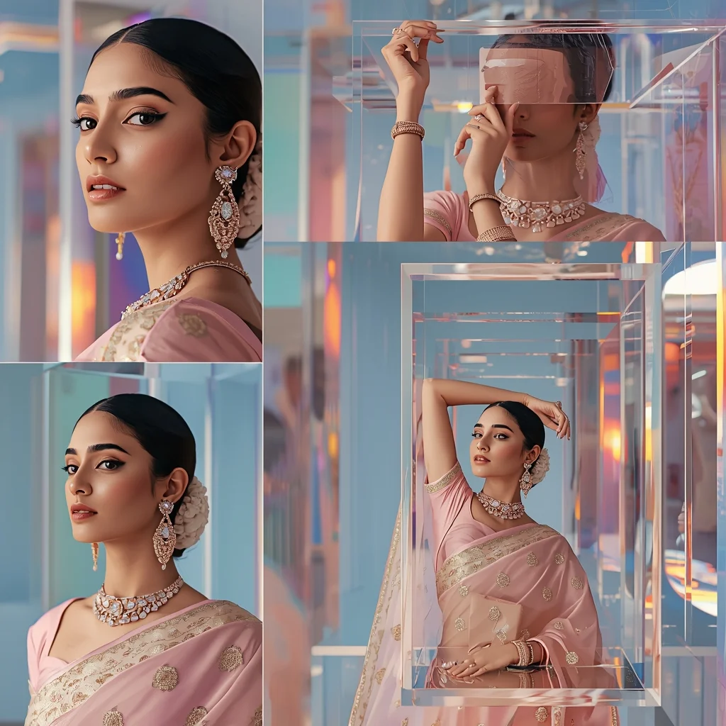 Ultra Editorial Luxury Pastel Saree Image Prompt for Women with Crystal Cube Reflection Palace | Saree Selfie Ai Prompt