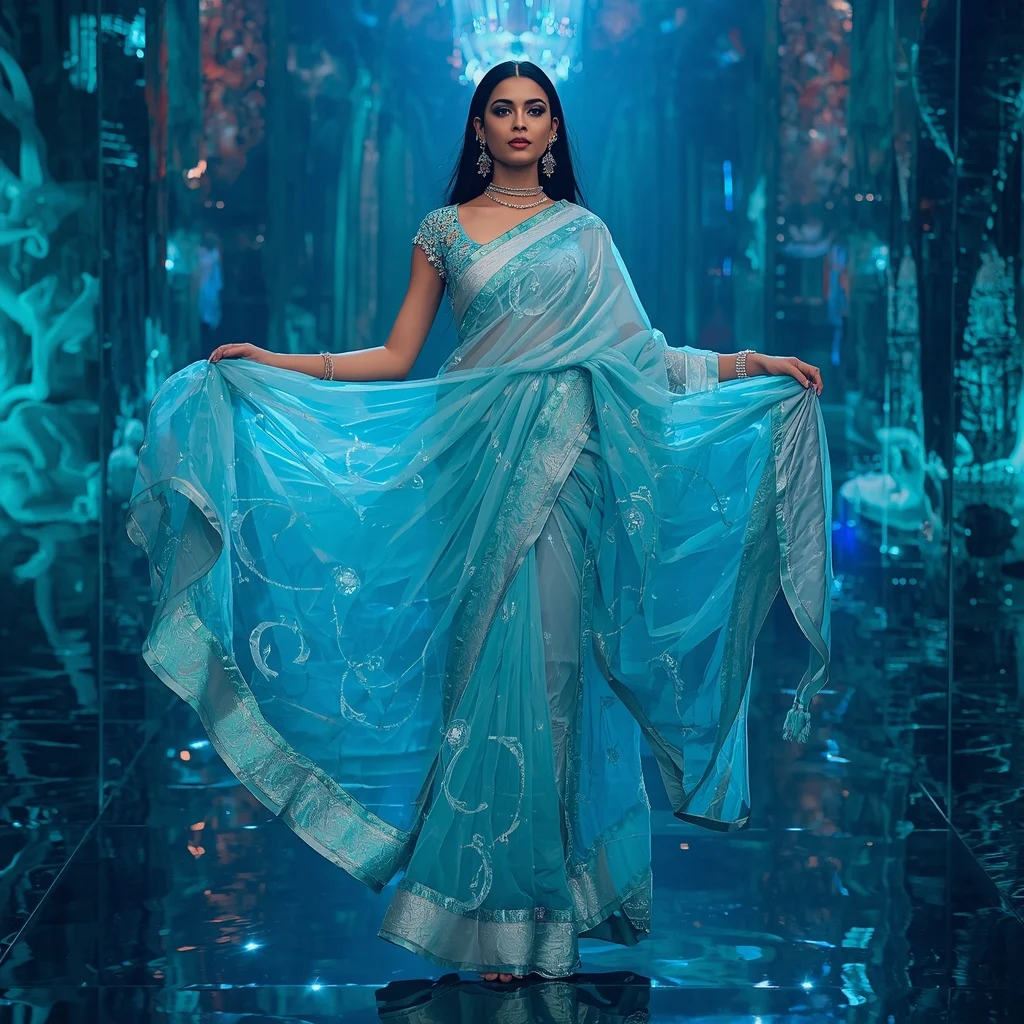 Ultra Luxury Aqua Aurora Crystal Saree with Floating Circular Editorial Walk and Water Reflection Palace Background | Instagram Girl Gemini Prompt