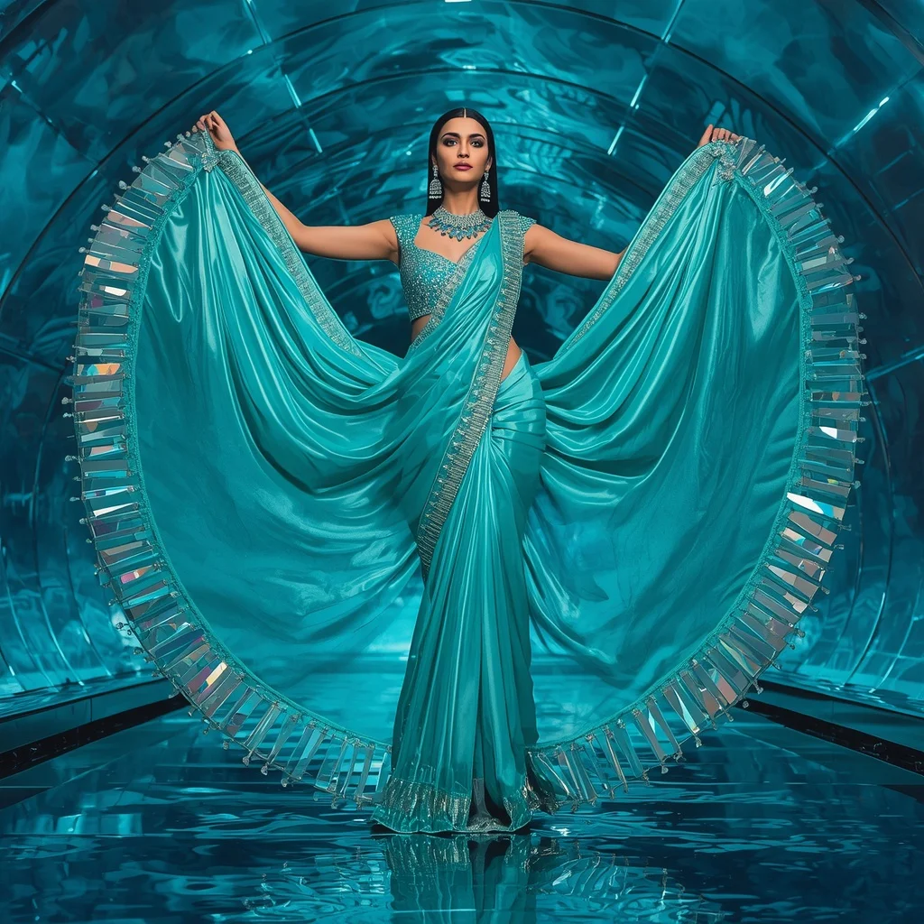 Ultra Luxury Aqua Aurora Saree with Floating Circular Editorial Air Curl and Water Reflection Dome Background | Prompt Seen Girl Photo Editing Trending