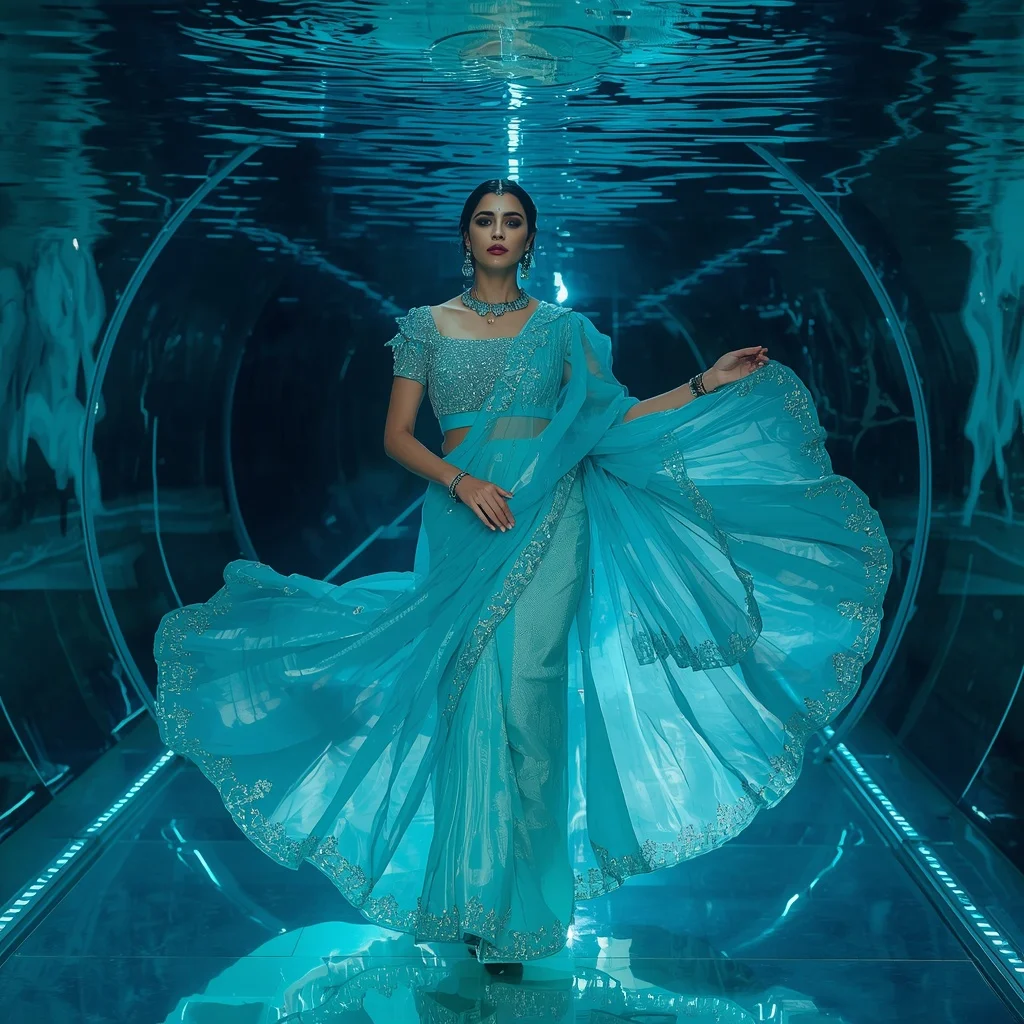 Ultra Luxury Aqua Aurora Saree with Floating Circular Editorial Spiral and Water Reflection Tunnel Background | Attitude Girl Prompt