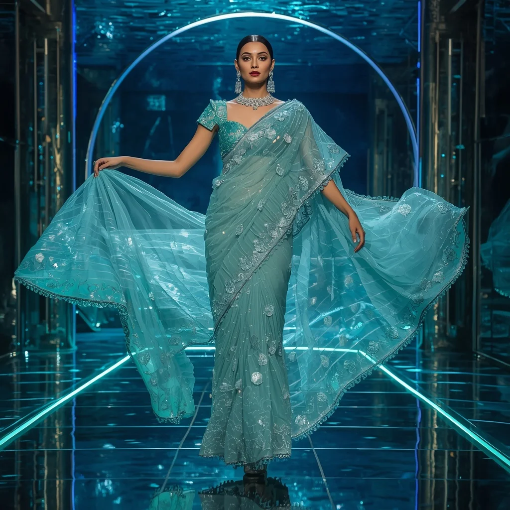Ultra Luxury Aqua Moonwave Saree with Floating Circular Editorial Walk and Water Reflection Palace Background | Trending Prompt In Instagram Ai Photo Girls