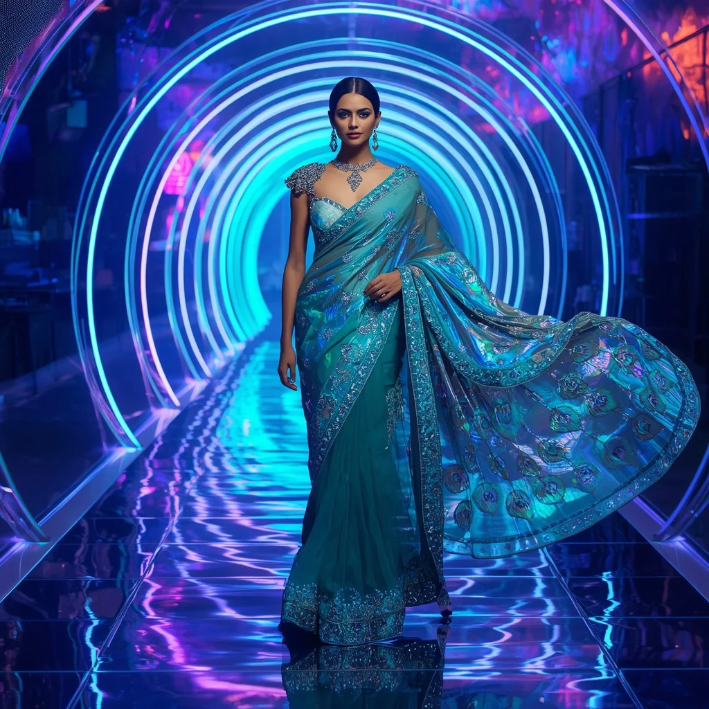 Ultra Luxury Celestial Peacock Saree with Floating Diamond Editorial Walk and Giant Neon Peacock Reflection Tunnel Background | Flux Ai Prompt