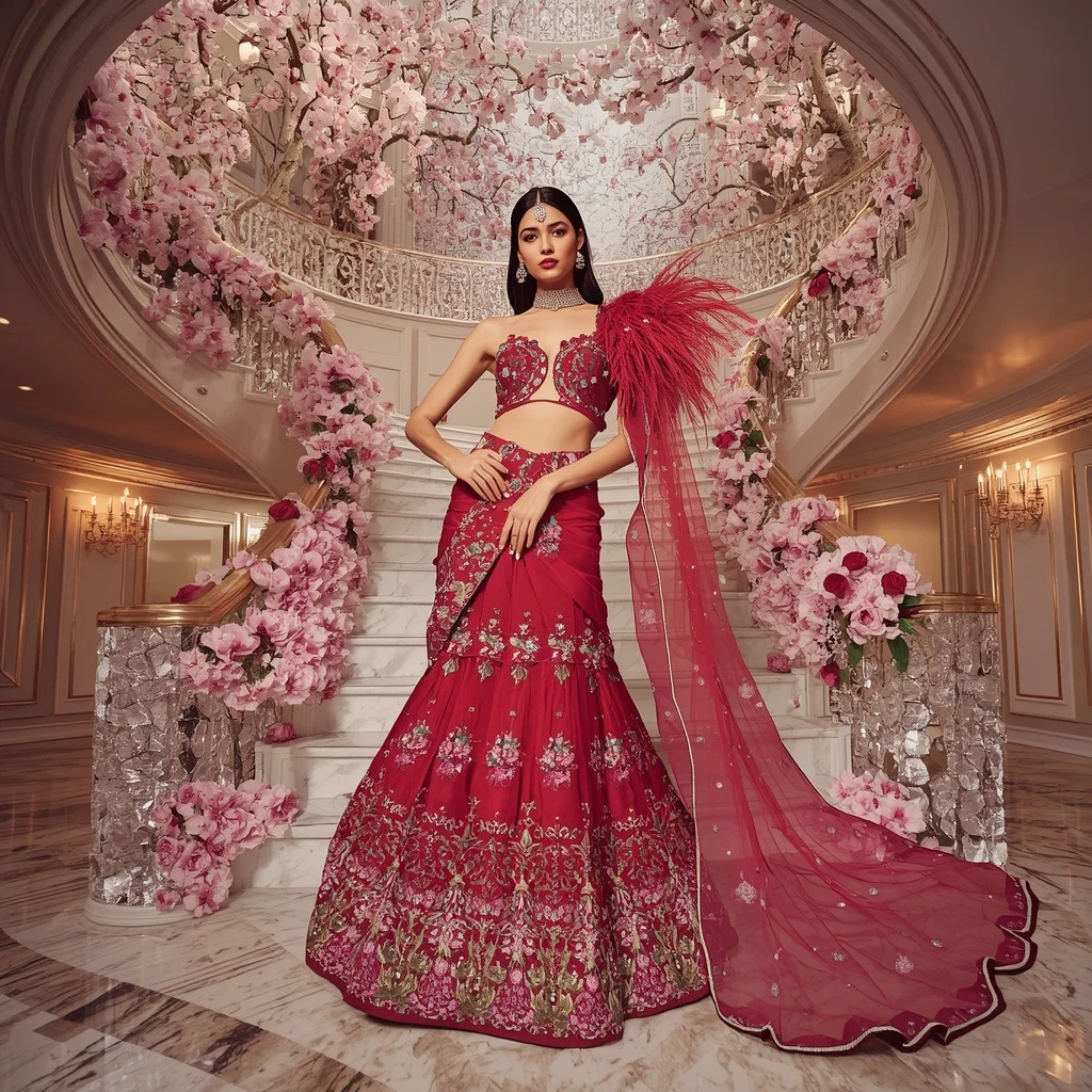 Ultra Luxury Crystal Cherry Peacock Saree Couture with Floating Floral Diamond Palace Background | Cute Girl Ai Prompt