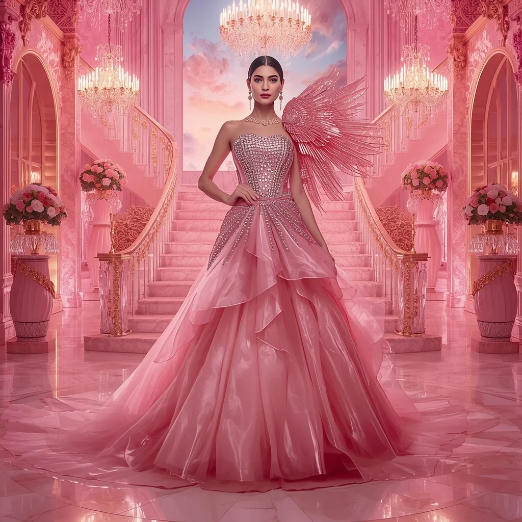 Ultra Luxury Crystal Royal Flamingo Saree Couture with Pink Diamond Sky Palace Background | Prompt Seen Girl Photo Editing