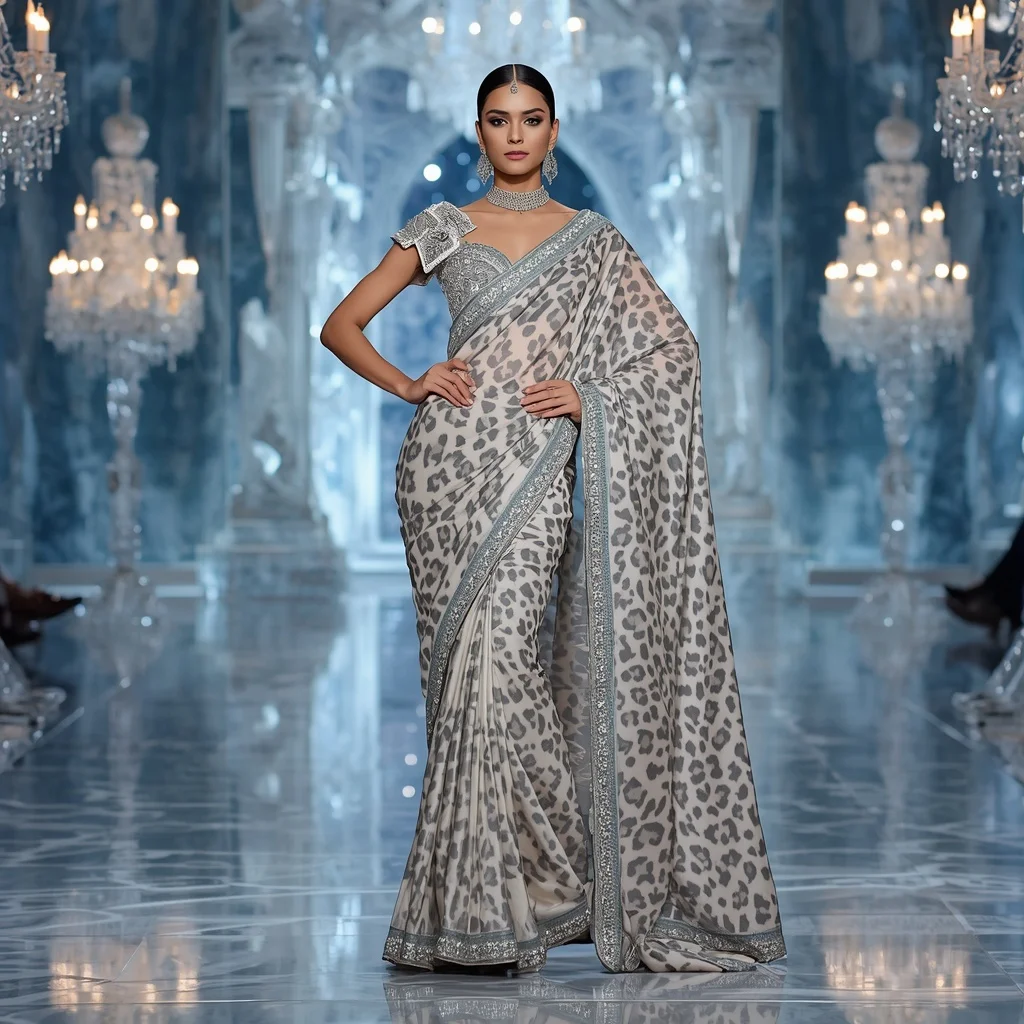 Ultra Luxury Crystal Snow Leopard Maharani Saree Couture with Frozen Diamond Kingdom Background | Bridal Ai Prompt