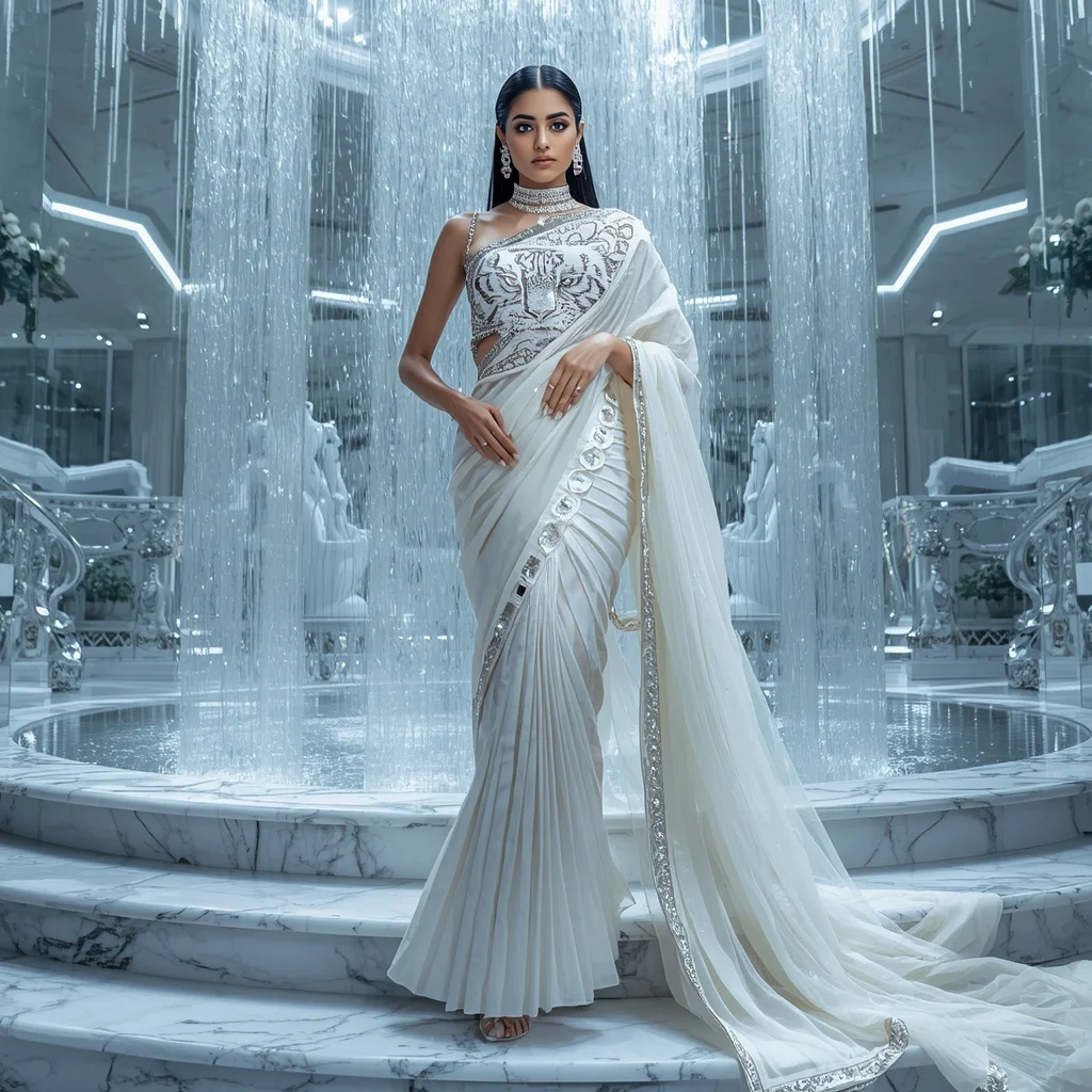 Ultra Luxury Crystal White Tiger Empress Saree Couture with Floating Diamond Waterfall Palace Background | Anime Ai Prompt