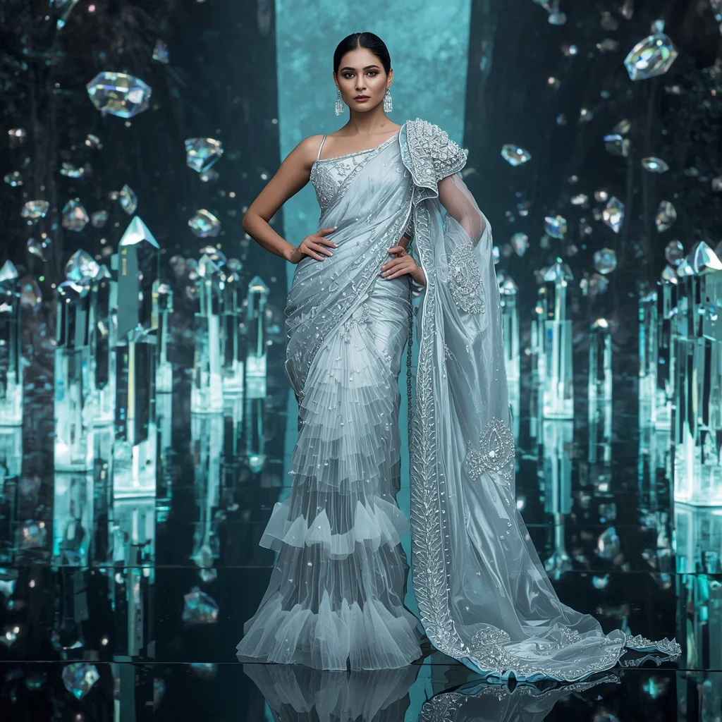 Ultra Luxury Diamond Mirage Saree Couture with Floating Aurora Crystal City Background | Whatsapp Dp Ai Prompt